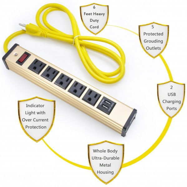 ปลั๊กรางปลั๊ก Flat Flat Flat 5 พร้อมสายชาร์จ USB, 5 ซ็อกเก็ตพาวเวอร์บาร์ 5v 2.4A / 1A